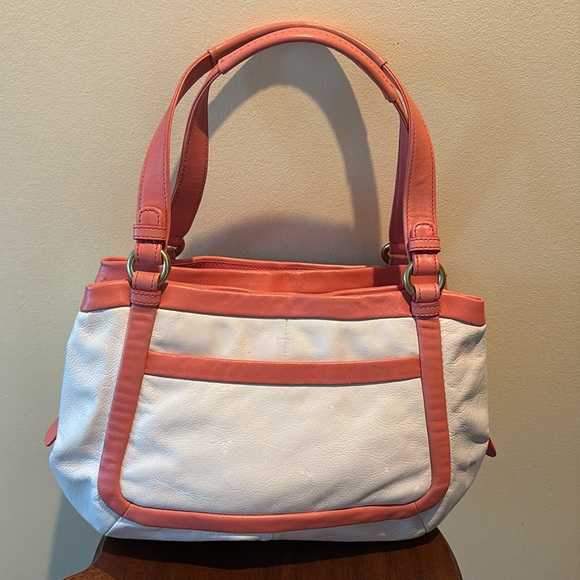 Coach 18601 Turnlock front pocket shoulder bag 3 compartment leather white/coral - Picture 13 of 17
